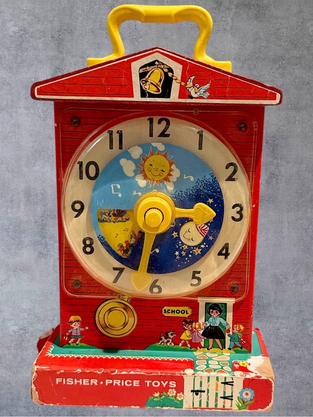 Vintage Fisher Price 998 Teaching Clock Music Box Toy 1960s Made USA Wooden